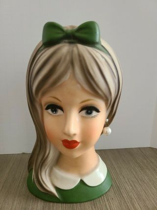 Rare Vintage Napco Teen Lady Head Vase C - 8494 Planter 7” Hard To Find Green