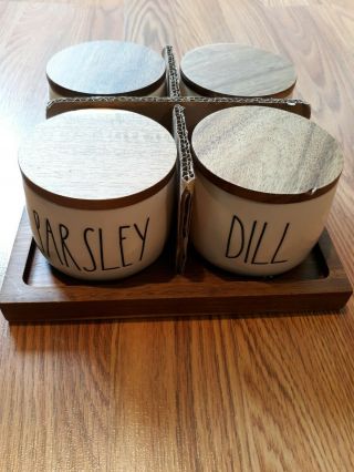 Rae Dunn Set Of 4 Herb Cellars Jars With Wood Tray Dill Parsley Basil & Thyme