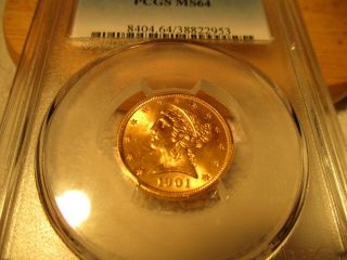 1901 - S $5 Liberty Gold Half Eagle Pcgs Ms64 - Lustrous,  Even Color,  No Spots