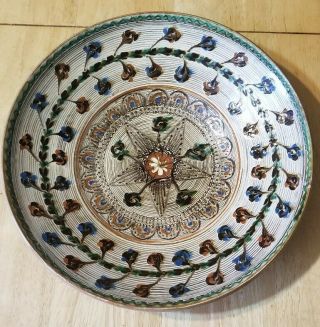 Vintage 1992 Horezu Romania Clay Art Pottery Plate Large 10” Bowl Artist Stamped