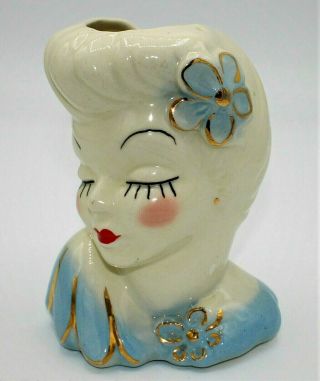4296 Vintage Unmarked Glamour Girl Lady Head Vase Blond Hair Blue Gold Dress