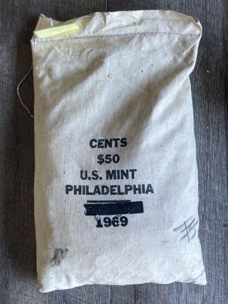 1969 P Uncirculated Penny Cent Canvas Bank Bag 5000 Coins $50 Face Copper
