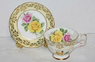 Vintage Paragon English Teacup & Saucer Large Pink & Yellow Roses
