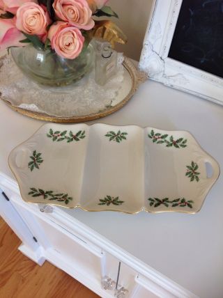 Lenox Holiday 3 Part Divided Serving Tray Dish Gold Trim 13 X 6.  5 Inches