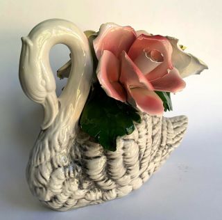 Vintage Capodimonte Swan With Roses Porcelain Sculpture Figurine Italy