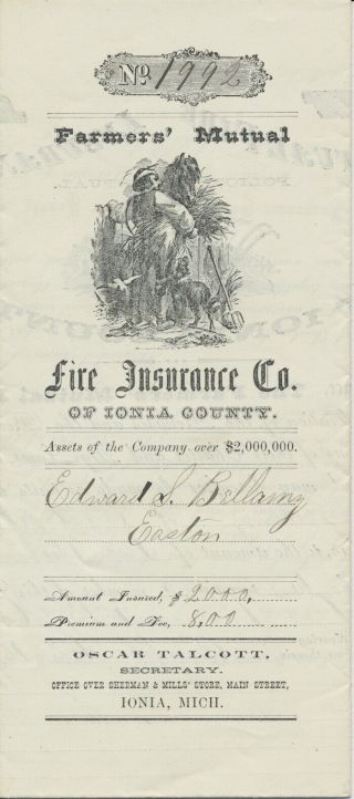 112 1c Ben Franklin 1869 on Farmers Mutual Fire Insurance Co Ionia Michigan wit 3
