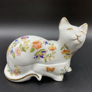 Vintage Aynsley Bone China Cottage Garden Cat Figurine Floral Trinket Box