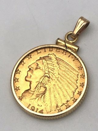 22k/14k Gold $2.  50 Us Dollar 1914 Indian Head Gold Coin Pendent