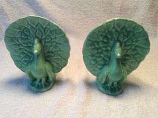 Vintage Pair Wall Pockets Mccoy Pottery.  Peacock Bird Green Vase