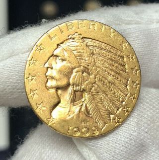1909 - D $5 Gold Half Eagle Bu/unc Gem