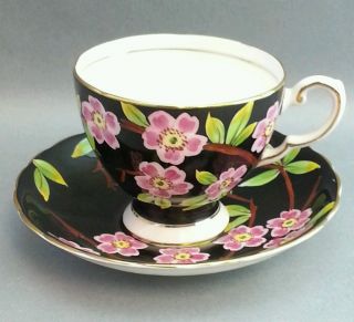 Vintage Tuscan Bone China Tea Cup & Saucer Black W/ White Flower England English
