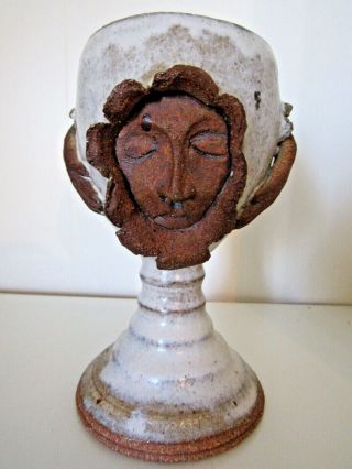 Vintage Signed Miller 1979 Folk Art Pottery Chalice - Funny Face Head/ Arms - Unique