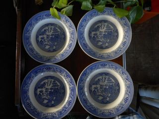 Blue White Transfer Ware Willow Dinner Plates Set Of 4 Cavalier Ironstone 10 " Di