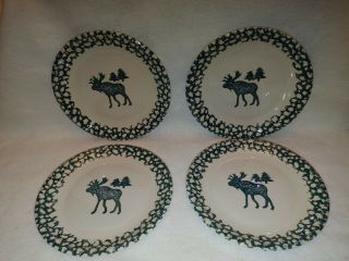 4 Folk Craft Moose Country By Tienshan Dinner Plates 10.  5 " Green Cream