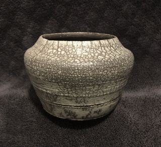 Vintage Gray Raku Crackle Studio Pottery Vase Pot Signed