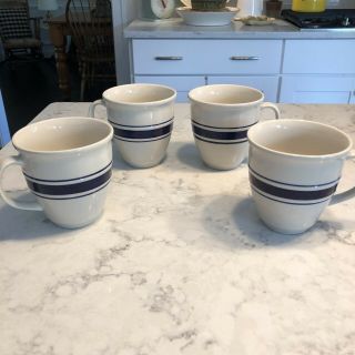 Tienshan Large Stoneware Country Crock Coffee Mugs Tea Cups Blue Stripe Set 4