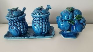 Vintage Inarco Mood Indigo Blue Fruit 3 Ceramic Containers With 2 Spoons,  Japan