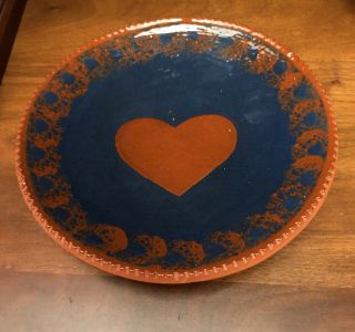 Vintage Slip Decorated Redware " Heart " Plate W Coggled Edge C.  N.  Foltz 7.  5”