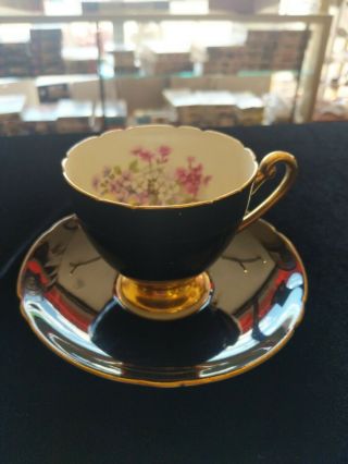 Shelley Teacup & Sauced - Black With Gold Trim - White And Pink Floral Design