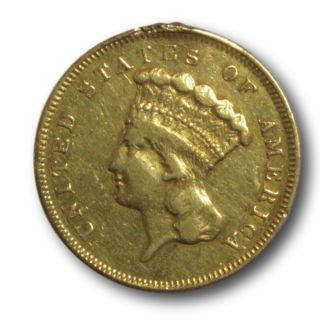 1856 S Three Dollar Gold Coin Us $3 Minor Rim Damage,  Scarce Coin