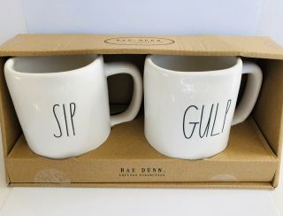 Rae Dunn Sip Gulp Oversized White Coffee Tea Mugs Set
