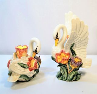 2 - Piece Set Vintage 1995 Fitz & Floyd Tulip Swan Candle Holders Hand Painted