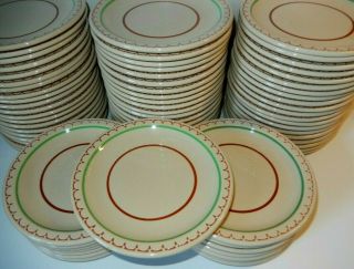 Syracuse China Econo - Rim Bread Plates (5) Vgc Brown/lime Green Rings On Tan