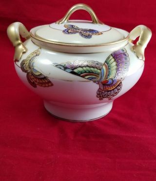 Rare Nippon Noritake Butterfly Pattern Porcelain Lidded Bowl Green Backstamp