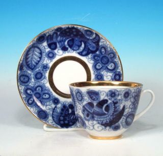 Lomonosov Russian Imperial Porcelain Cobalt Blue Lace Decor Cup & Saucer Ussr