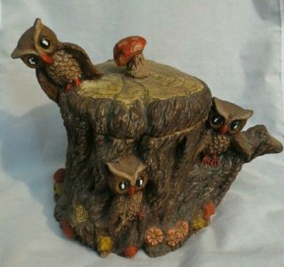 Vintage California Pottery " Owls On A Tree Stump " Cookie Jar 1982