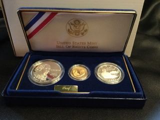 1993 Bill Of Rights 3 Coin Proof Set ($5 Gold,  Silver Dollar & Half Dollar)