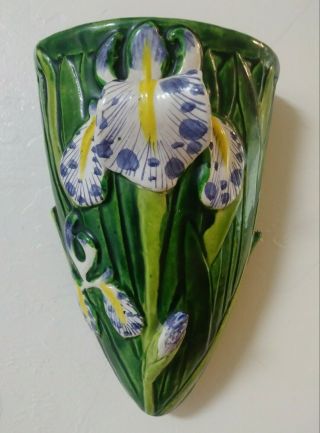 Iris Flower Wall Pocket Vase Art Deco Style Hand Painted.  Vintage.