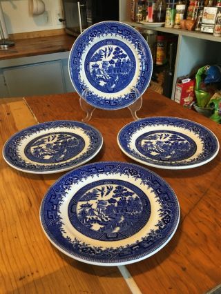 Set Of 4 Vintage Shenango China Blue Willow 9” Dinner Plates.  Newcastle,  Pa.  Euc