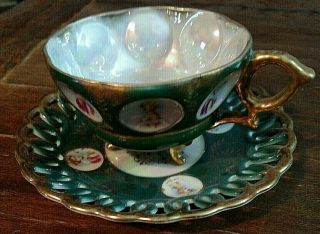 Royal Sealy Iridescent China Footed Cup Reticulated Saucer - Medallion Portraits