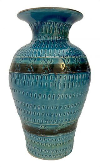 Aldo Londi For Bitossi Rimini Blue Incised Italian Art Pottery Vase 7 "