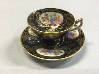 Lefton China Wk913ad Footed Cup & Saucer Courting Couple Black Gold Edge