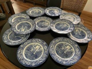 Staffordshire Liberty Blue " Independence Hall " Set Of 11 Dinner Plates 10 "