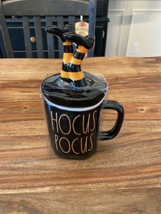 Rae Dunn Halloween Hocus Pocus Mug With Witch Legs Topper/lid Black