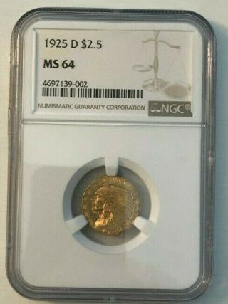 1925 - D Indian Head Quarter Eagle $2.  5 Gold Ngc Ms64 -
