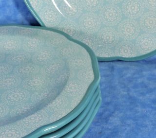 5 Pioneer Woman Hyacinth Teal & Cream Scalloped Stoneware Dinner Plates - Euc