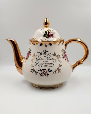 Arthur Wood Made In England 50th Anniversary Teapot 5525 Rose And Gold Vintage
