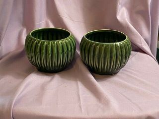 Pair Mccoy Pottery Usa Green Ribbed Planter Bowl 685