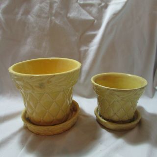 Vintage Signed Mccoy Pottery Set Of 2 Yellow Quilted Rose Pattern Flower Pots