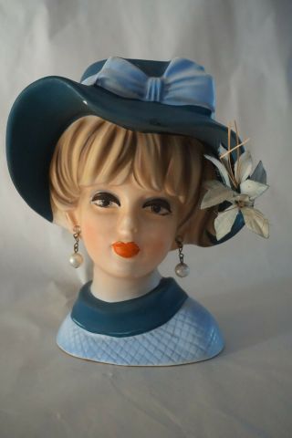 Vintage Lady Head Vase 1950s Napcoware Pearl Earrings Blue Hat Hand Painted
