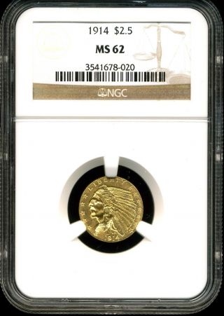 1914 $2.  5 Indian Head Gold Quarter Eagle Ms62 Ngc 3541678 - 020