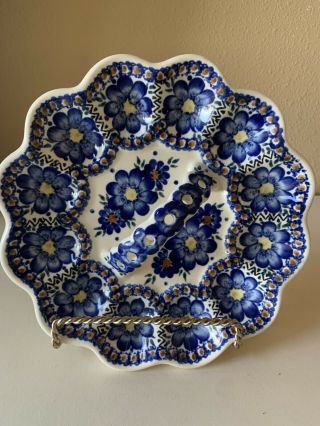 Vintage Unikat Wr Polish Pottery Egg Dish Plate W/ Handle Artist Signed Blue