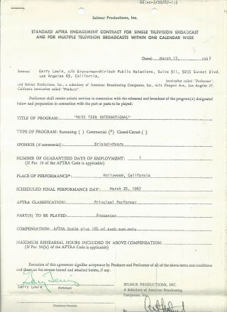 Gary Lewis Playboys Vintage 1967 Signed Contract For Miss Teen International