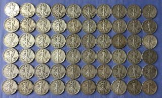 (60) Walking Liberty Half Dollars: $30.  00 - Face Value - 90 Silver
