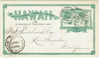 Hawaii 1895 Honolulu Duplex Cancel On Postal Card To The U.  S. ,  Ux9