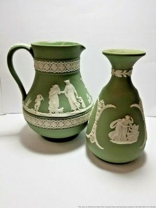 Green White Wedgwood Jasperware Pitcher Bud Vase Pottery 2pc Set